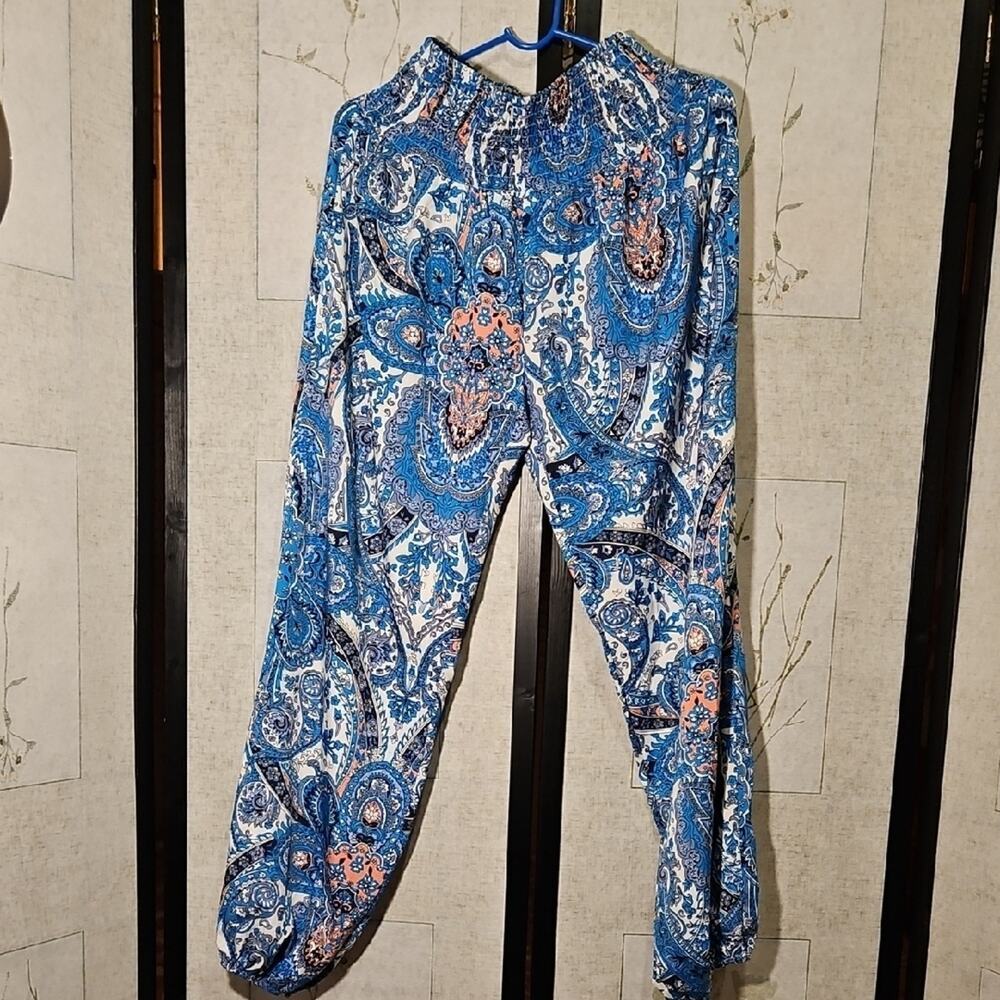 SHEIN Blue and Orange Track Pants with Elastic Cuffs and Drawstring Waist